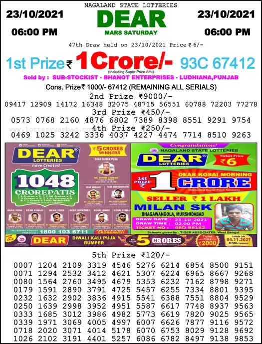 Lottery Sambad 6 PM result 23 Oct 2021
