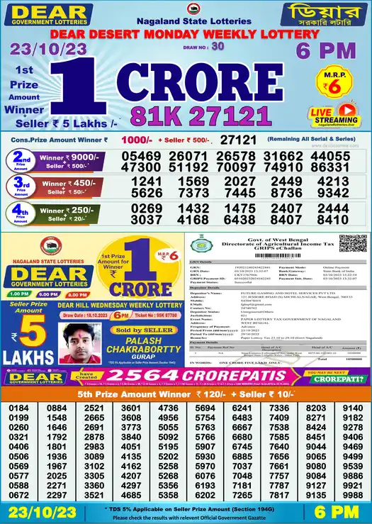 Lottery Sambad 6 PM result 23 Oct 2023