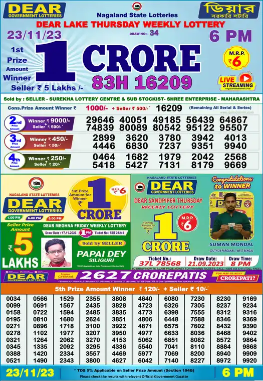 Lottery Sambad 6 PM result 23 Nov 2023
