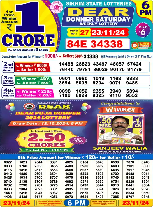 Lottery Sambad 6 PM result 23 Nov 2024