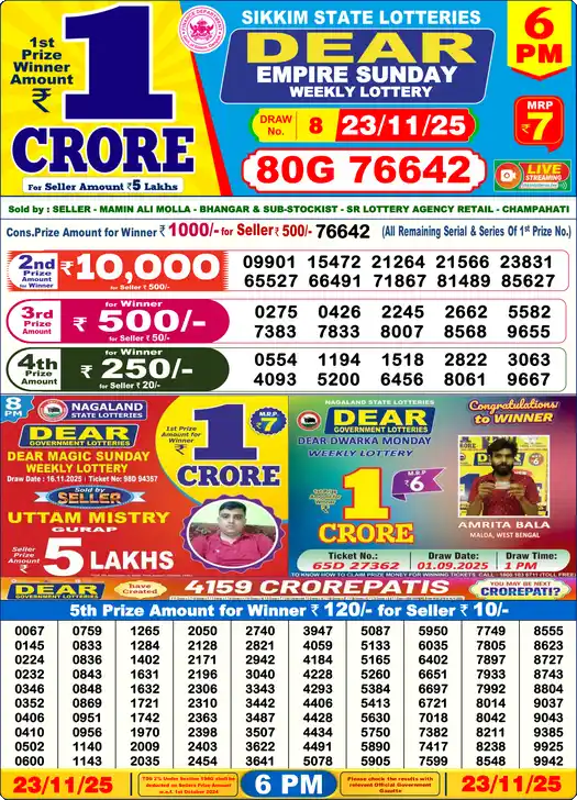 Lottery Sambad 6 PM result 23 Nov 2025