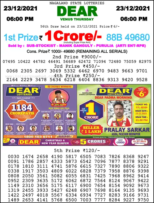 Lottery Sambad 6 PM result 23 Dec 2021