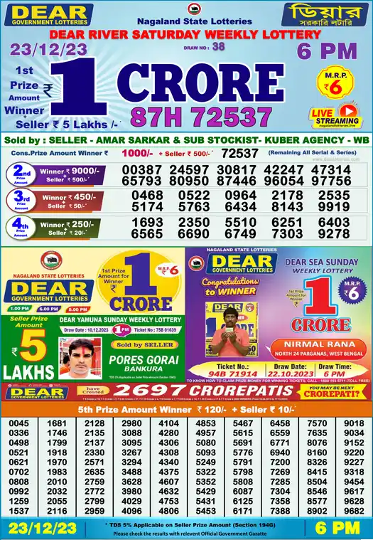 Lottery Sambad 6 PM result 23 Dec 2023