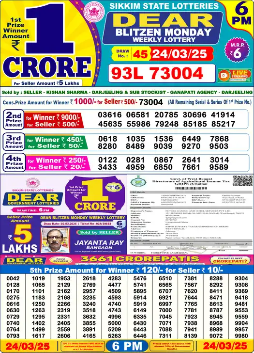 Lottery Sambad 6 PM result 24 Mar 2025