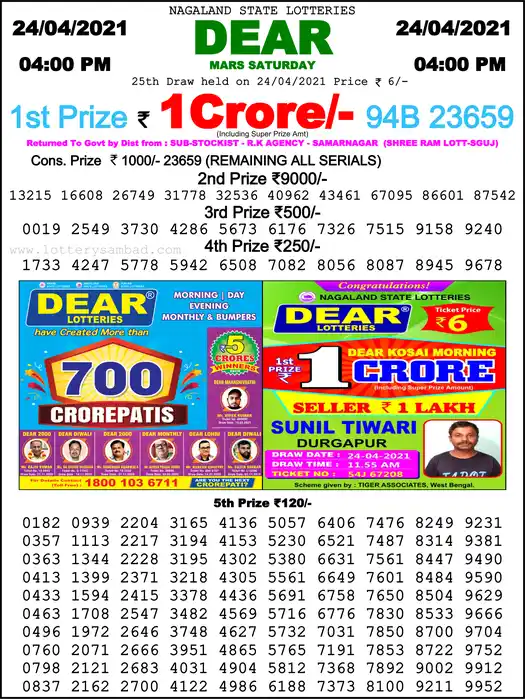 Lottery Sambad 6 PM result 24 Apr 2021