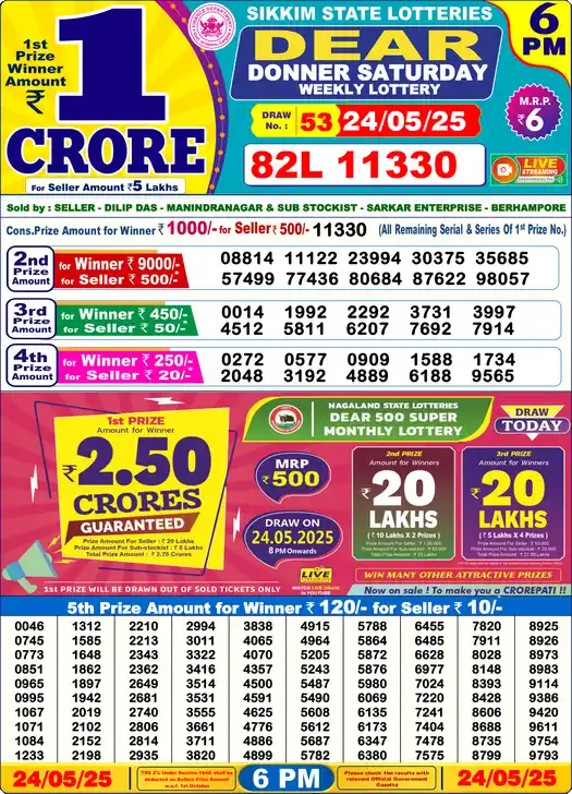 Lottery Sambad 6 PM result 24 May 2025