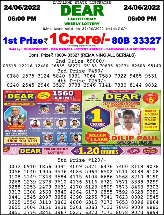 Lottery Sambad 6 PM result 24 Jun 2022