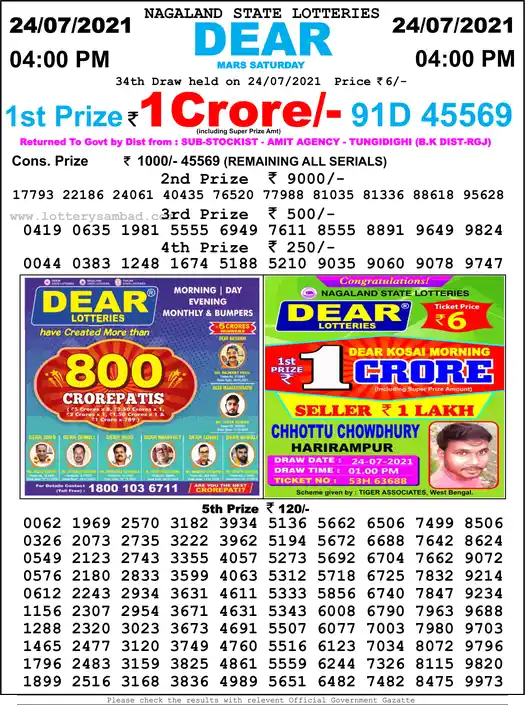 Lottery Sambad 6 PM result 24 Jul 2021