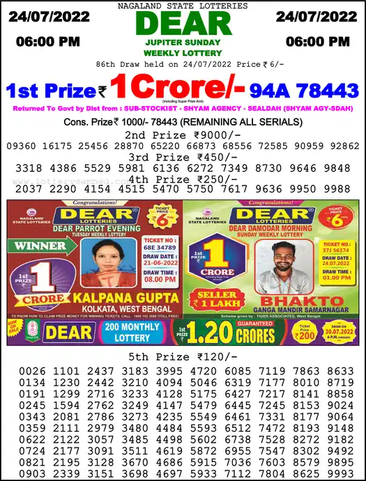 Lottery Sambad 6 PM result 24 Jul 2022