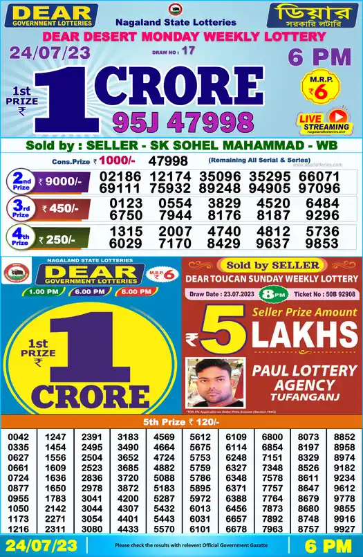 Lottery Sambad 6 PM result 24 Jul 2023