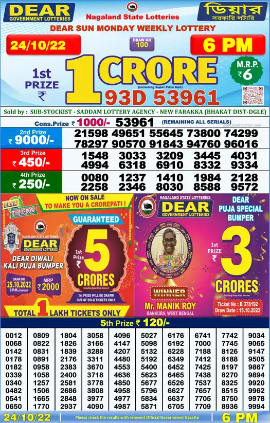 Lottery Sambad 6 PM result 24 Oct 2022