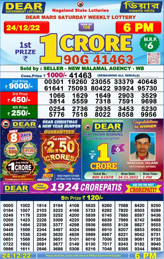 Lottery Sambad 6 PM result 24 Dec 2022