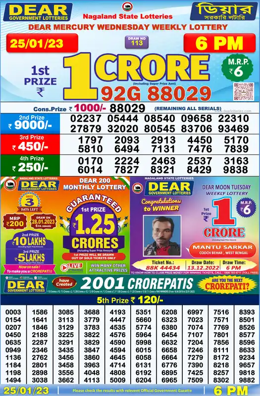 Lottery Sambad 6 PM result 25 Jan 2023