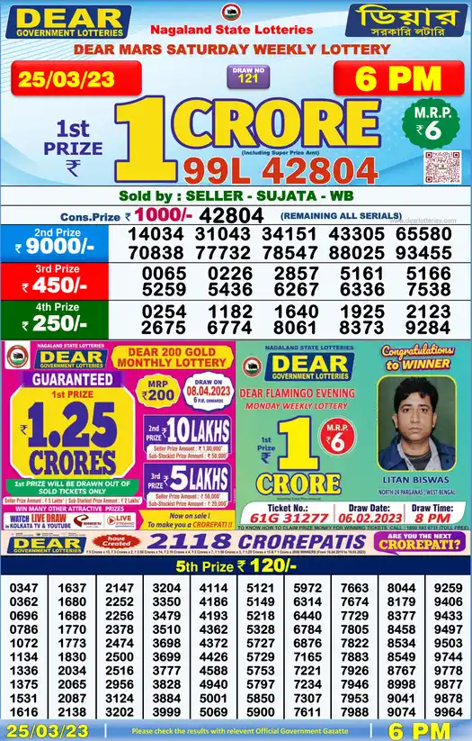 Lottery Sambad 6 PM result 25 Mar 2023