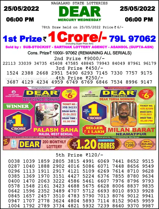 Lottery Sambad 6 PM result 25 May 2022
