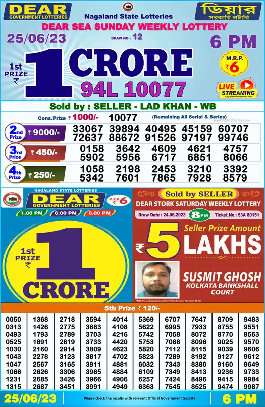 Lottery Sambad 6 PM result 25 Jun 2023