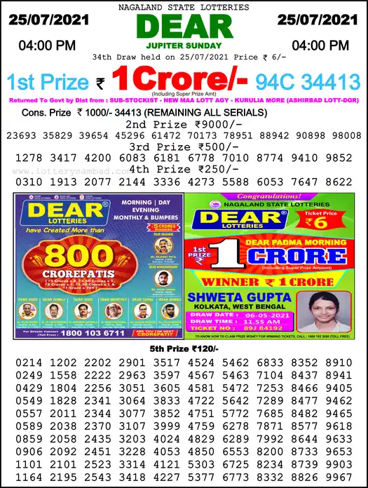 Lottery Sambad 6 PM result 25 Jul 2021