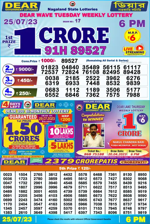 Lottery Sambad 6 PM result 25 Jul 2023