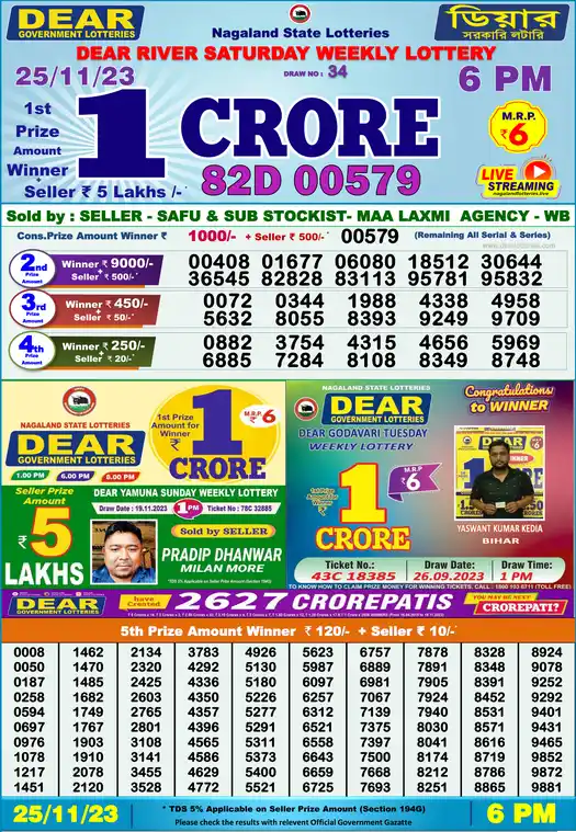 Lottery Sambad 6 PM result 25 Nov 2023