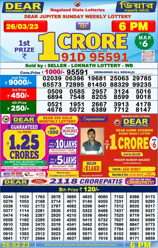 Lottery Sambad 6 PM result 26 Mar 2023