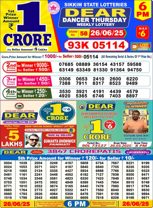 Lottery Sambad 6 PM result 26 Jun 2025