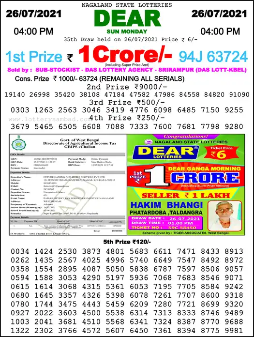 Lottery Sambad 6 PM result 26 Jul 2021