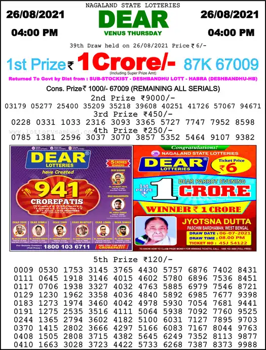 Lottery Sambad 6 PM result 26 Aug 2021