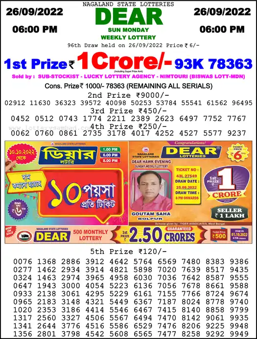 Lottery Sambad 6 PM result 26 Sep 2022