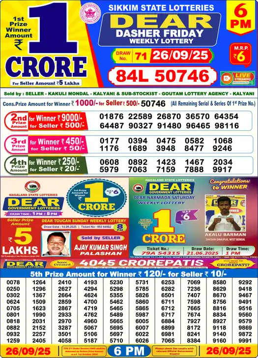 Lottery Sambad 6 PM result 26 Sep 2025