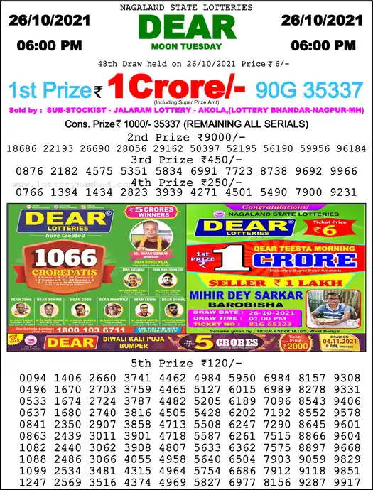 Lottery Sambad 6 PM result 26 Oct 2021