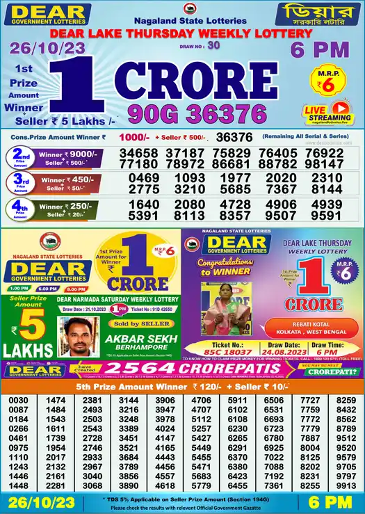Lottery Sambad 6 PM result 26 Oct 2023