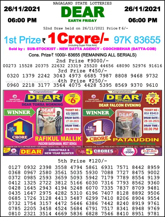 Lottery Sambad 6 PM result 26 Nov 2021