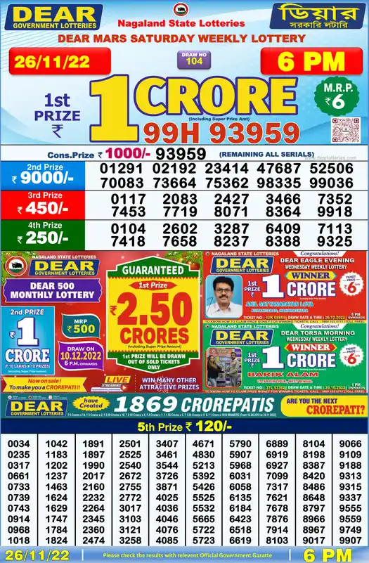 Lottery Sambad 6 PM result 26 Nov 2022