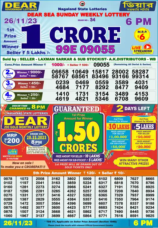 Lottery Sambad 6 PM result 26 Nov 2023
