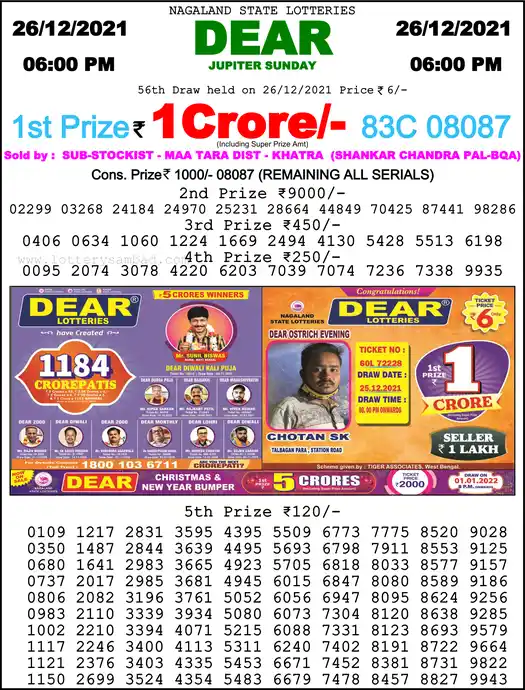 Lottery Sambad 6 PM result 26 Dec 2021