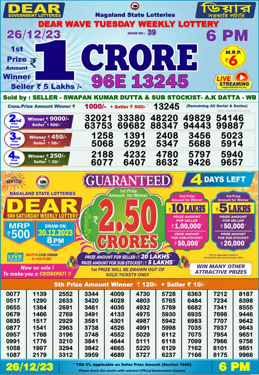 Lottery Sambad 6 PM result 26 Dec 2023