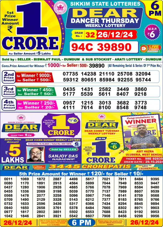 Lottery Sambad 6 PM result 26 Dec 2024