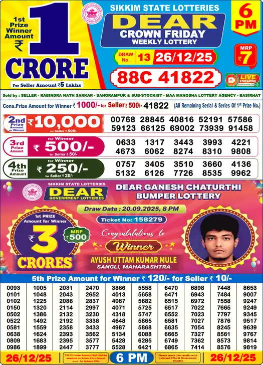 Lottery Sambad 6 PM result 26 Dec 2025