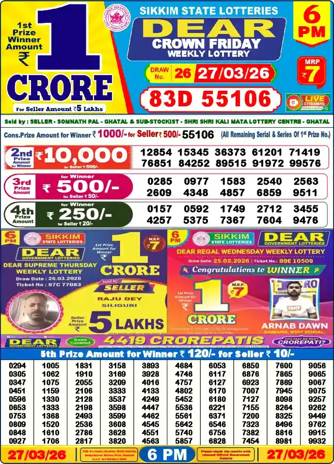 Lottery Sambad 6 PM result 27 Mar 2026