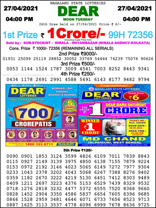 Lottery Sambad 6 PM result 27 Apr 2021