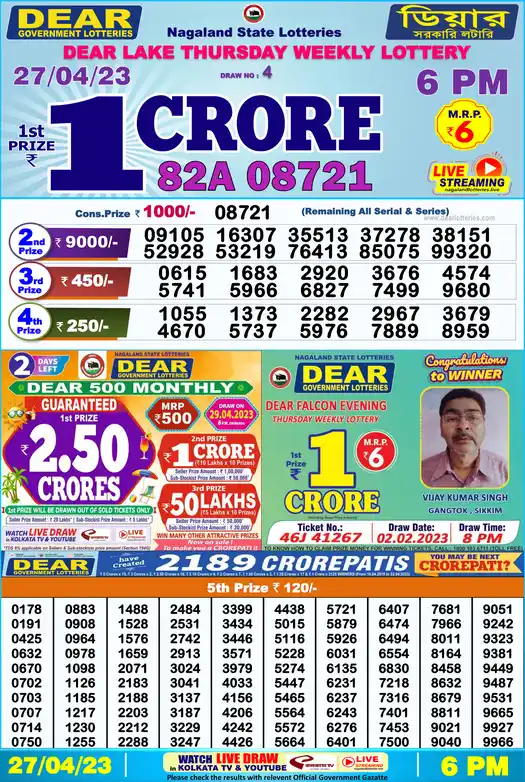 Lottery Sambad 6 PM result 27 Apr 2023