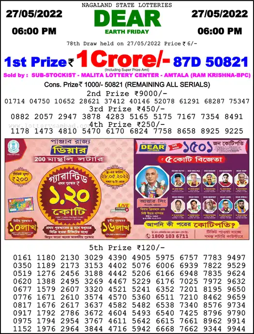 Lottery Sambad 6 PM result 27 May 2022