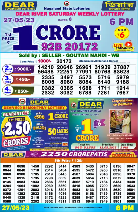 Lottery Sambad 6 PM result 27 May 2023