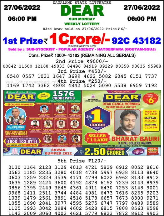 Lottery Sambad 6 PM result 27 Jun 2022