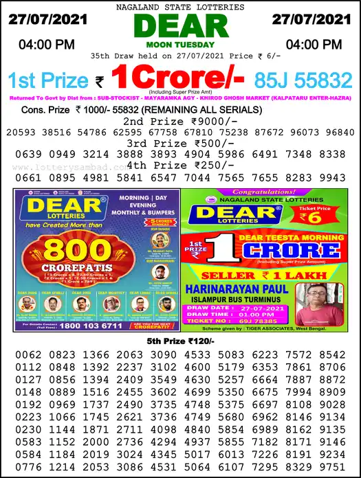 Lottery Sambad 6 PM result 27 Jul 2021