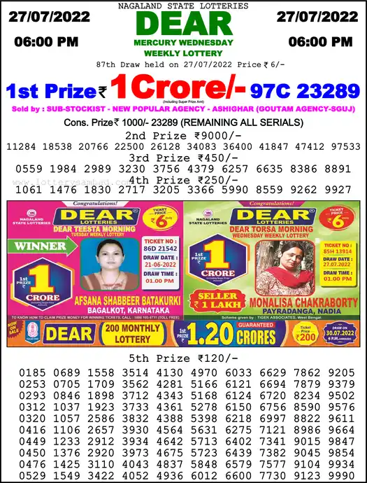Lottery Sambad 6 PM result 27 Jul 2022