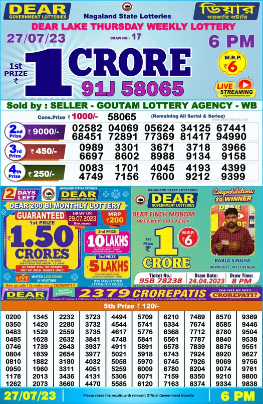 Lottery Sambad 6 PM result 27 Jul 2023