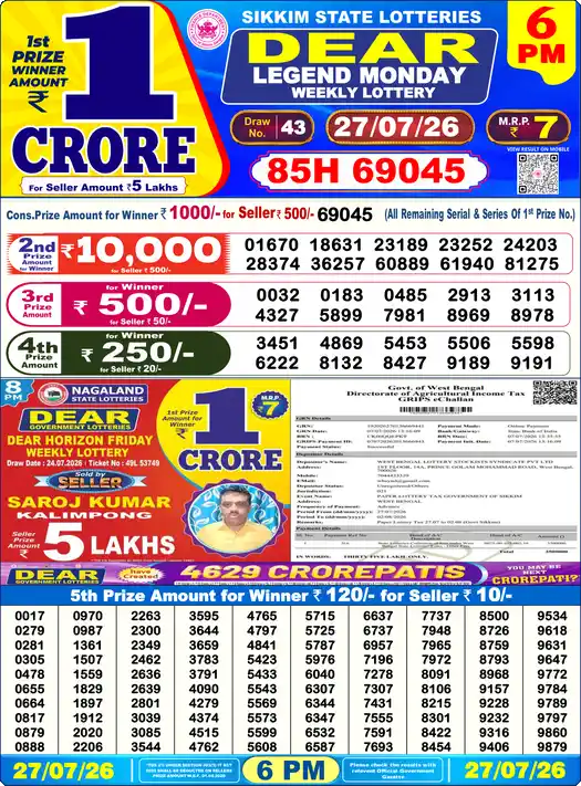 Lottery Sambad 6 PM result 27 Jul 2026