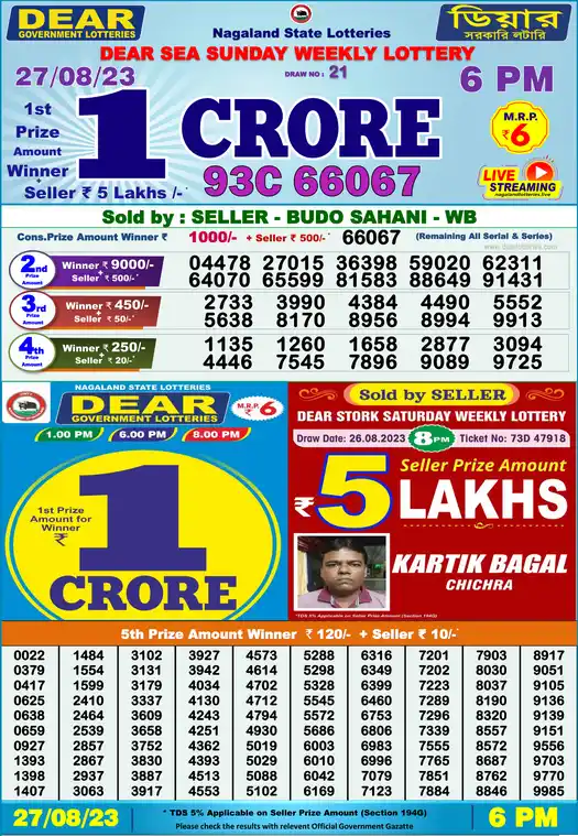 Lottery Sambad 6 PM result 27 Aug 2023