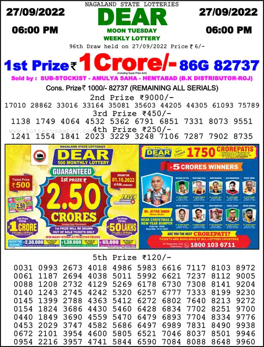 Lottery Sambad 6 PM result 27 Sep 2022